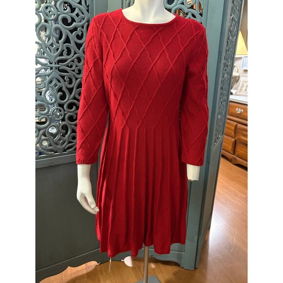J Howard Red Sweater Dress-Fit and Flare Pleated-Holiday Diamond Pattern Knit-L - Picture 4 of 11
